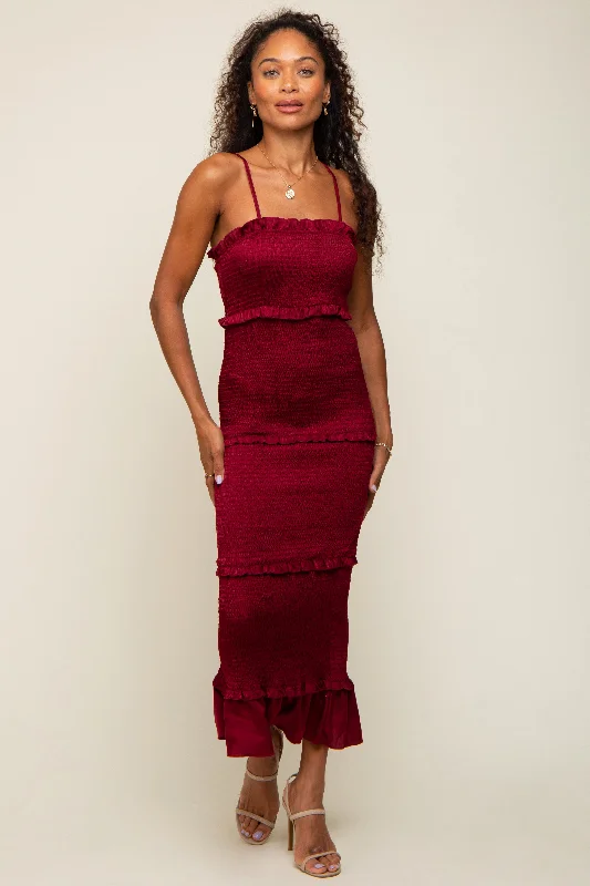 Burgundy Satin Smocked Fitted Midi Dress