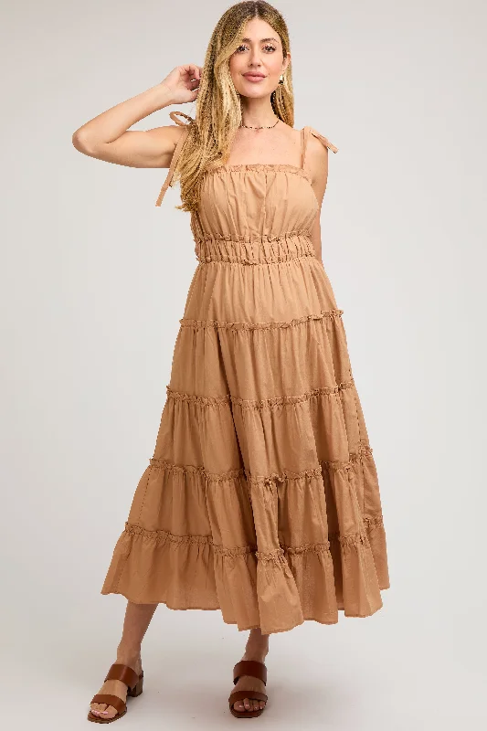 Camel Tiered Tie Strap Maternity Midi Dress