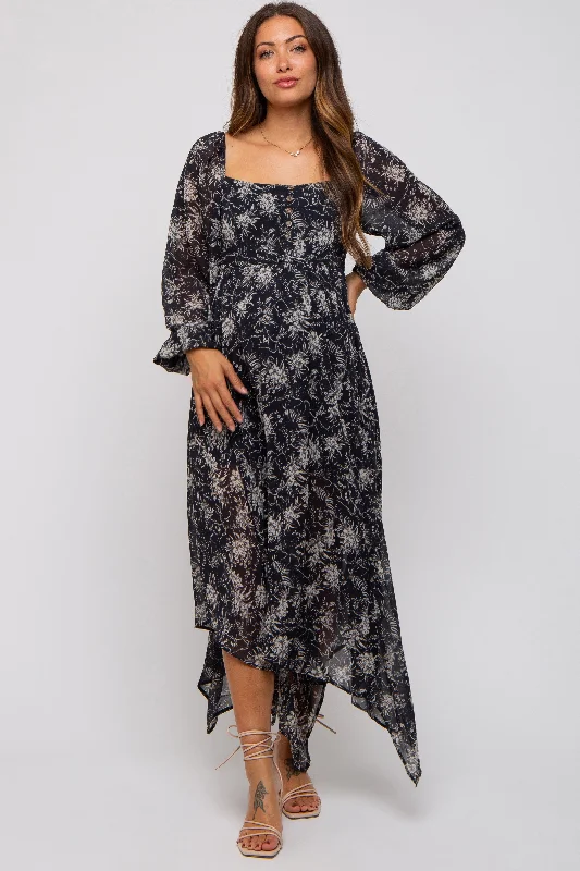 Charcoal Floral Chiffon Square Neck Button Front Maternity Midi Dress