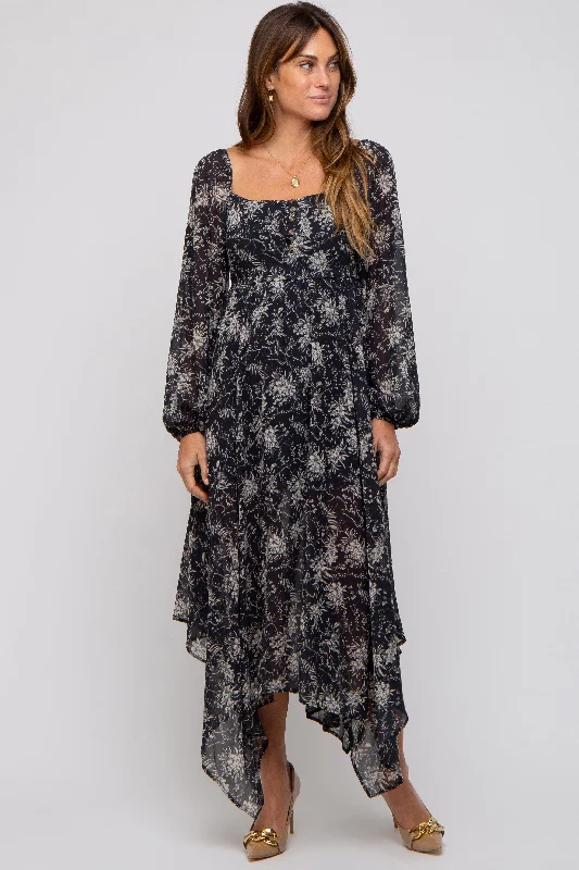 Charcoal Floral Chiffon Square Neck Button Front Midi Dress