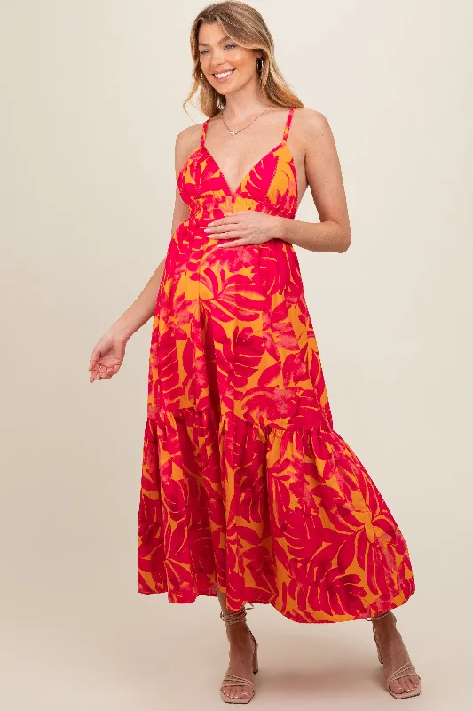 Coral Leaf Print Open Back Maternity Midi Dress