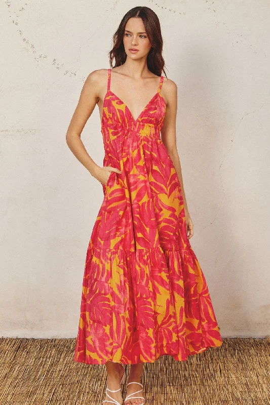 Coral Leaf Print Open Back Midi Dress