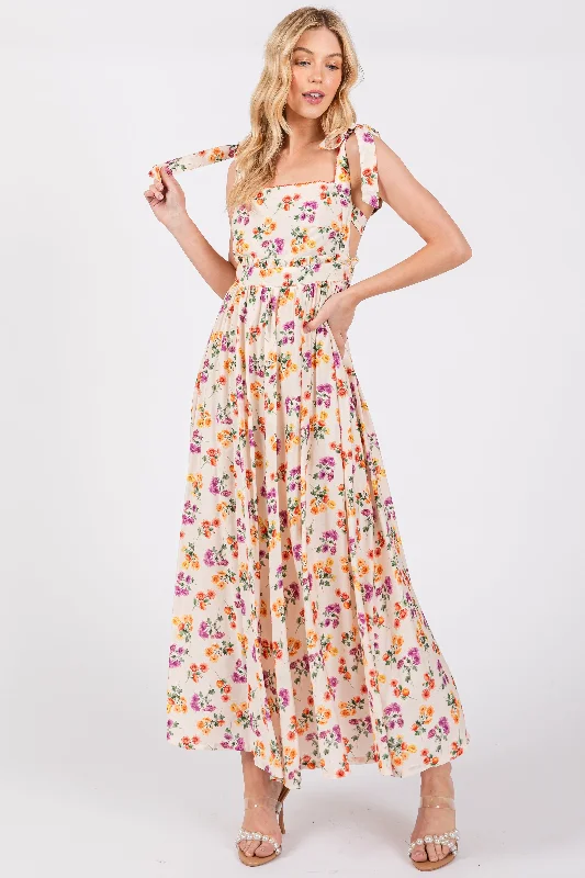 Cream Floral Open Back Midi Dress