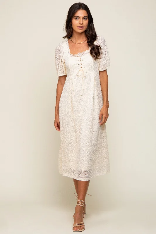 Cream Lace Cutout Midi Dress