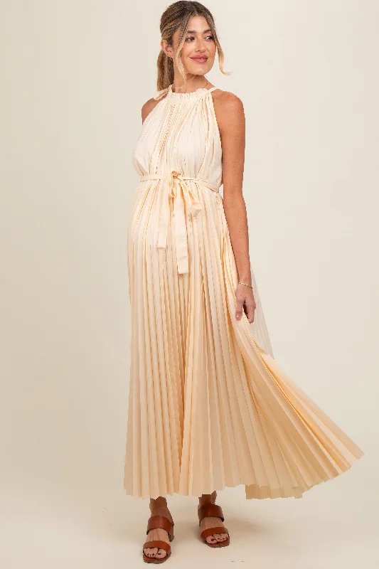 Cream Pleated Empire Tied Waist Maternity Midi Dress