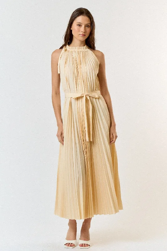 Cream Pleated Empire Tied Waist Midi Dress