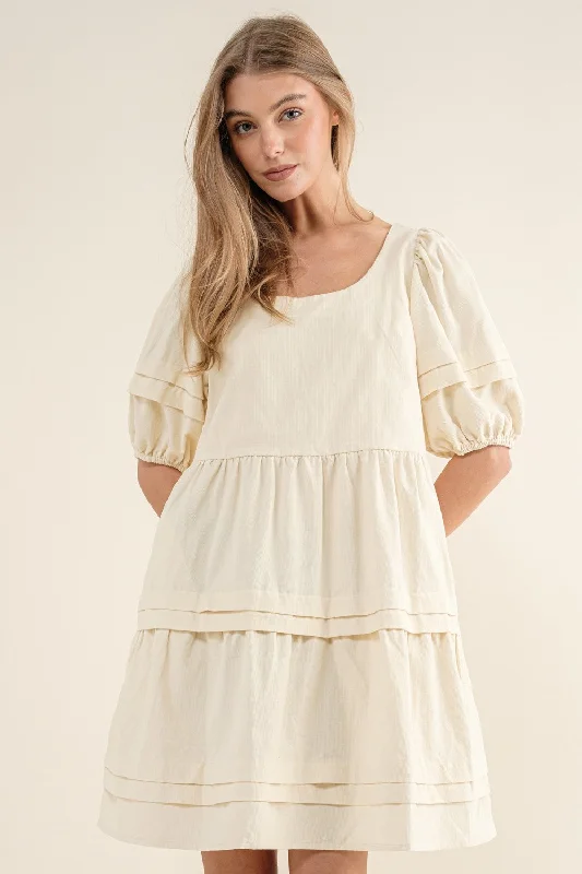 Cream Textured Micro Corduroy Midi Dress