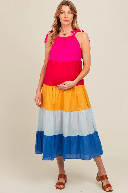 Fuchsia Colorblock Tiered Maternity Midi Dress