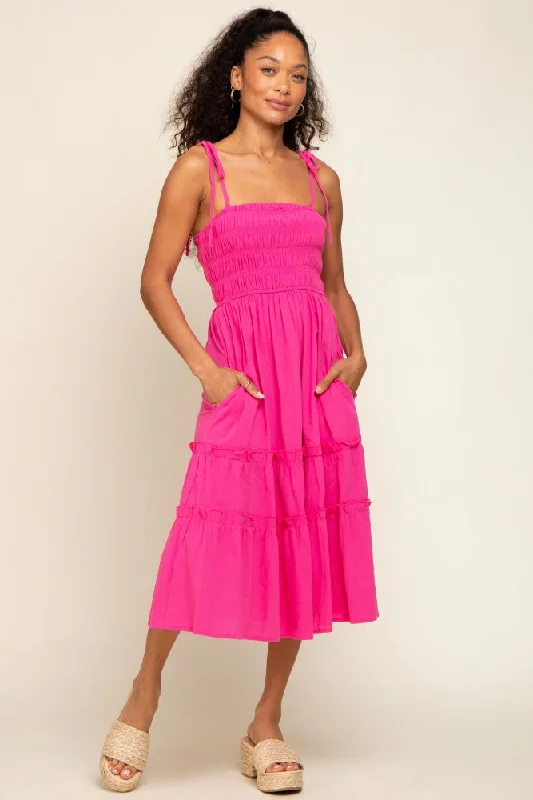 Fuchsia Sleeveless Tiered Midi Dress