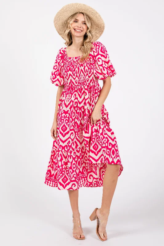 Fuchsia Square Neck Smocked Ruffle Midi Dress