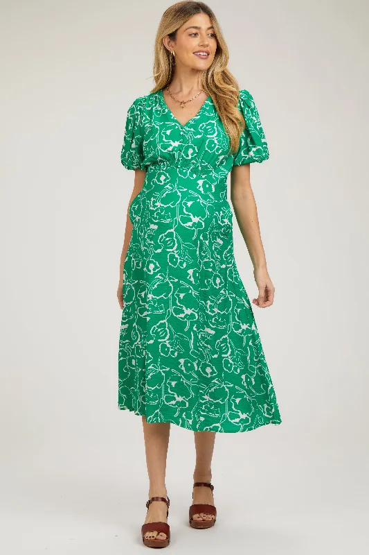 Green Floral Button Front Short Sleeve Maternity Midi Dress