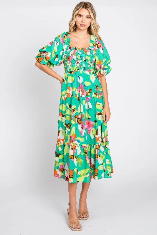 Green Floral Puff Sleeve Midi Dress