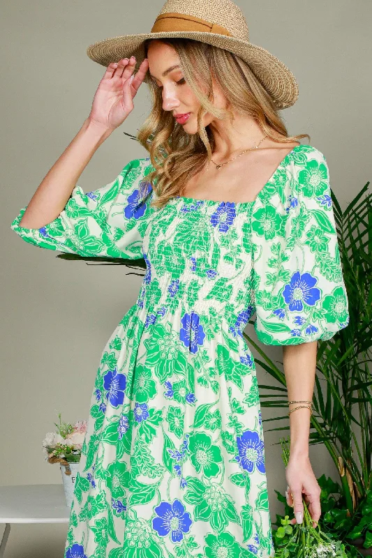 Green Floral Smocked Square Neck Midi Dress