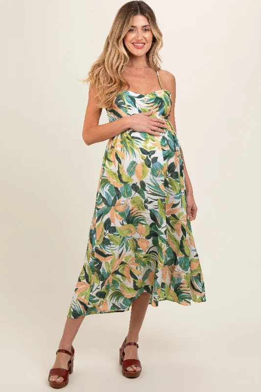 Green Leaf Print Open Back Maternity Midi Dress