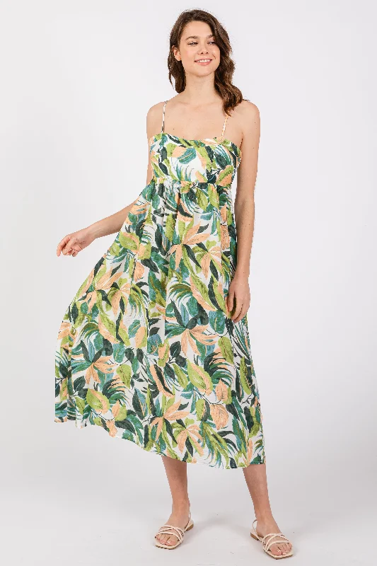 Green Leaf Print Open Back Midi Dress