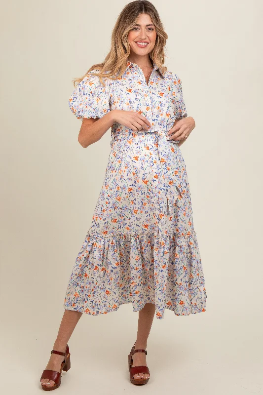 Ivory Floral Puff Sleeve Button Down Maternity Midi Dress