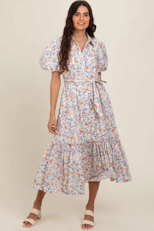 Ivory Floral Puff Sleeve Button Down Midi Dress