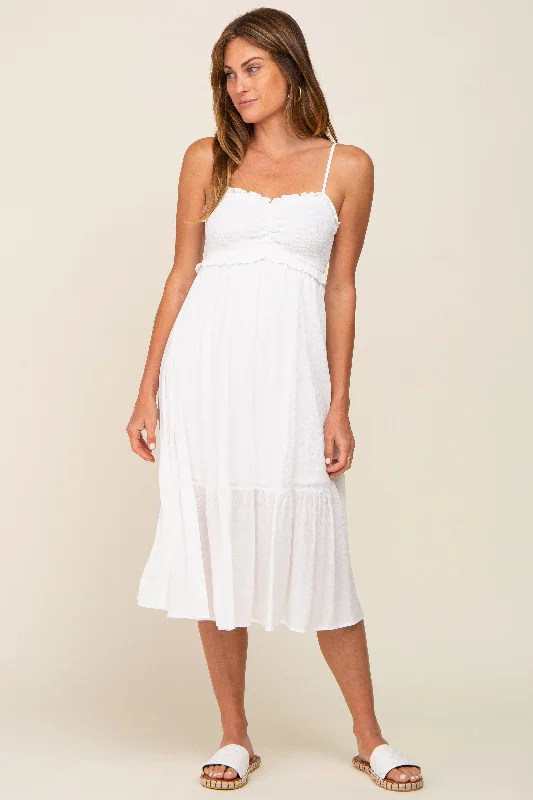 Ivory Smocked Ruffle Accent Midi Dress