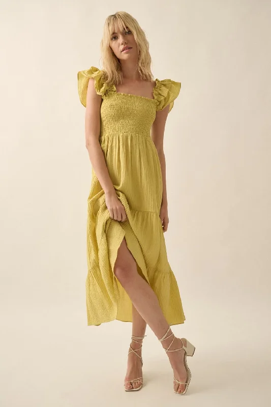 Key Lime Solid Square-Neck Smock-Bodice Midi Dress