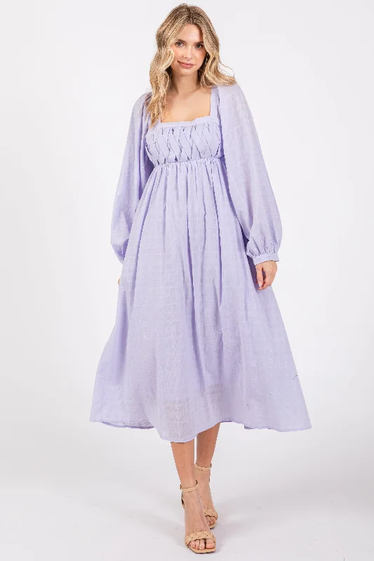 Lavender Criss Cross Front Square Neck Long Sleeve Midi Dress