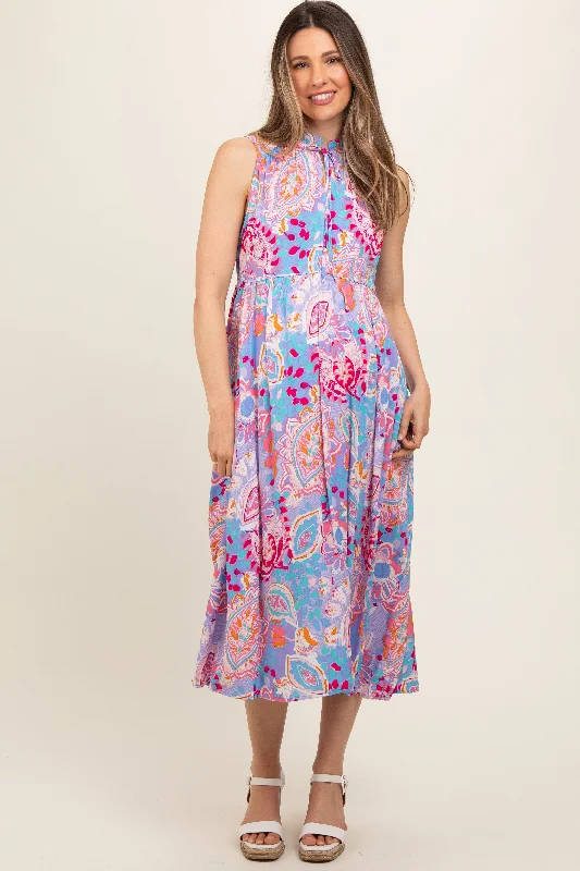 Lavender Floral Paisley Mock Neck Maternity Midi Dress