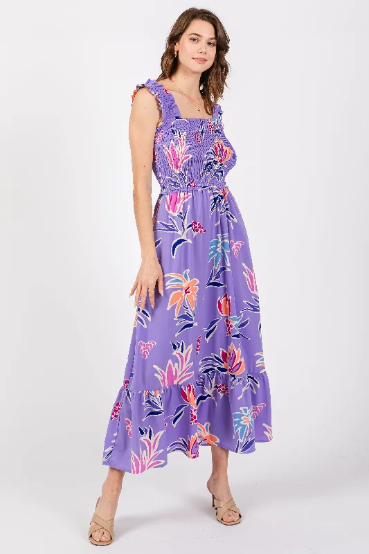 Lavender Floral Smocked Midi Dress