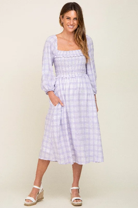 Lavender Plaid Smocked Square Neck Lace-Up Back Midi Dress