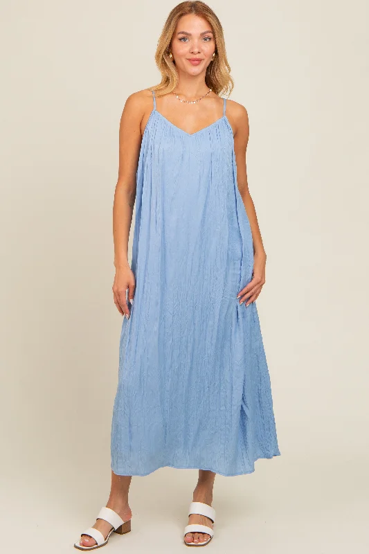 Light Blue Crinkle V-Neck Cross Back Midi Dress