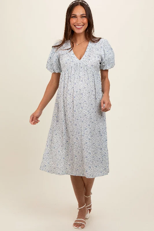 Light Blue Floral Puff Sleeve Maternity Midi Dress