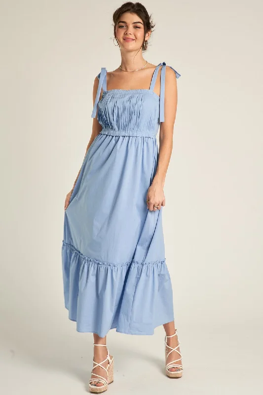 Light Blue Pleated Shoulder Tie Midi Dress