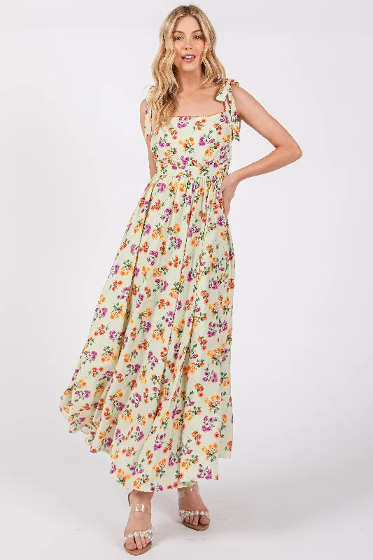 Light Olive Floral Open Back Midi Dress