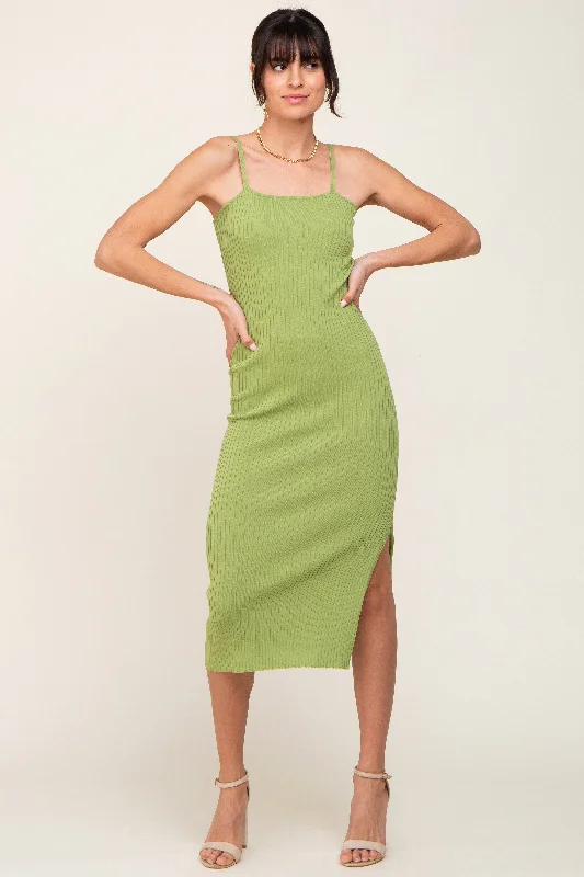 Light Olive Ribbed Knit Side Slit Midi Dress