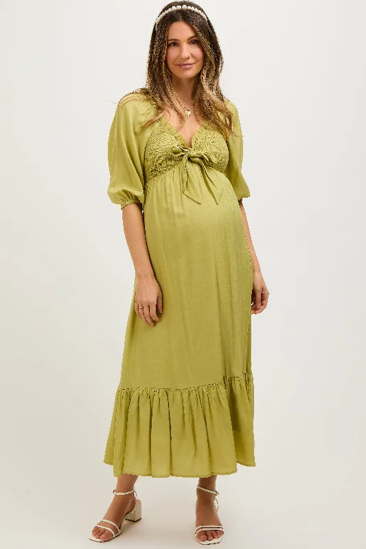 Light Olive Smocked Front Tie Maternity Midi Dress