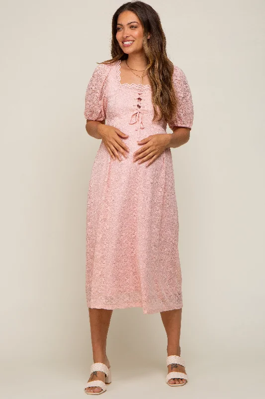 Light Pink Lace Cutout Maternity Midi Dress