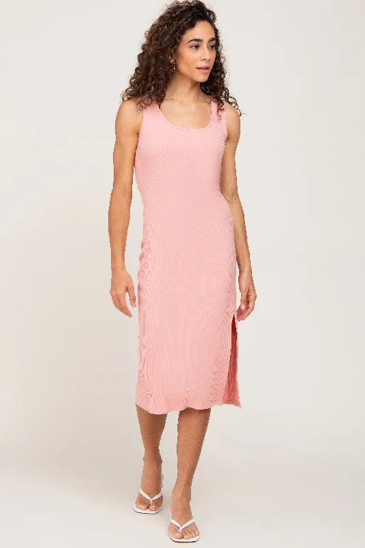 Light Pink Ribbed Back Cutout Midi Dress