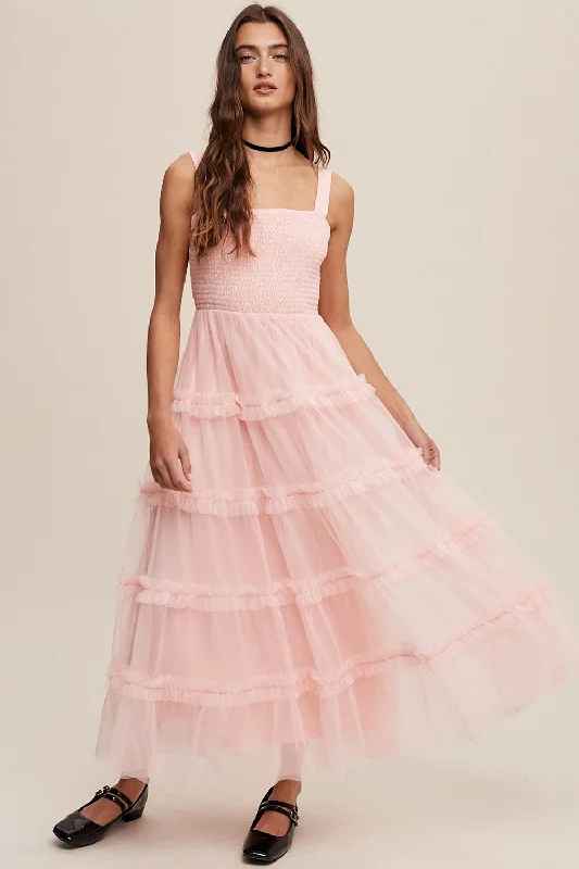 Light Pink Smocked Ruffle Tiered Tulle Midi Dress