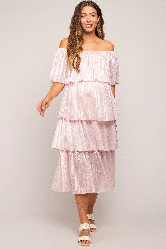 Light Pink Striped Layered Maternity Midi Dress