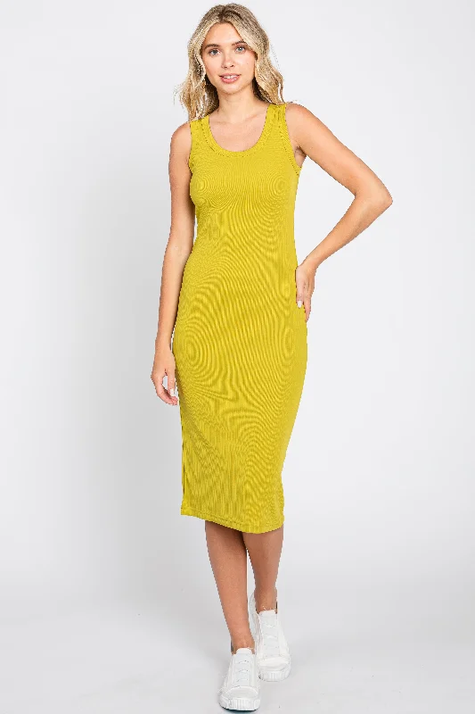 Lime Ribbed Fitted Midi Dress