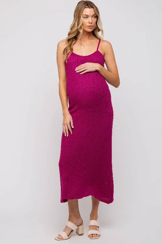 Magenta Open Knit Crochet Maternity Midi Dress