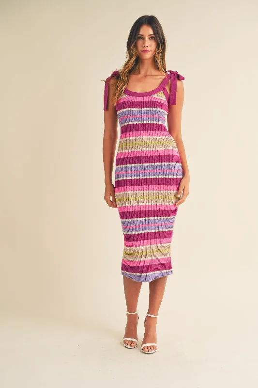 Magenta Striped Sweater Knit Shoulder Tie Midi Dress