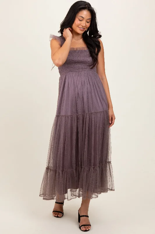 Mauve  Mesh Overlay Smocked Midi Dress