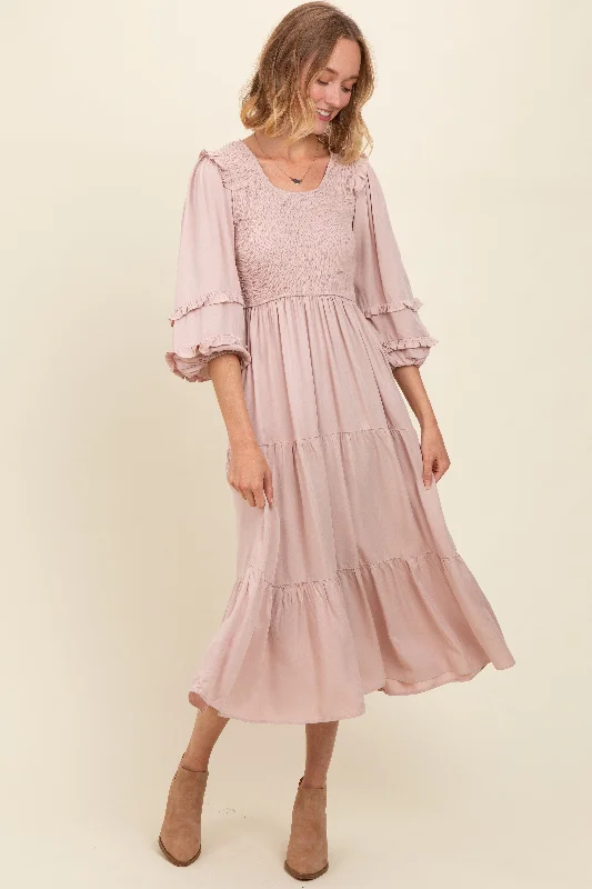 Mauve Smocked Ruffle Shoulder Tiered Midi Dress