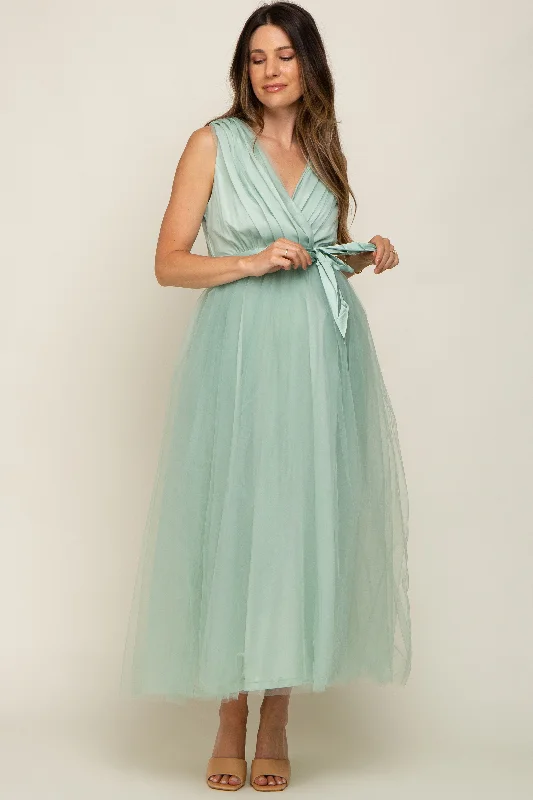 Mint Green Wrap V-Neck Waist Tie Tulle Maternity Midi Dress