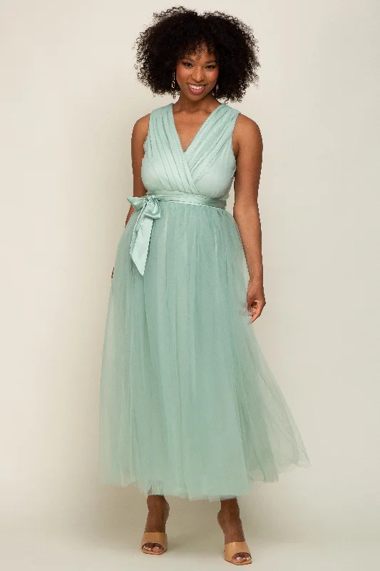 Mint Green Wrap V-Neck Waist Tie Tulle Midi Dress