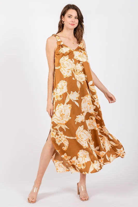 Mocha Floral Ruched Strap V-Neck Midi Dress