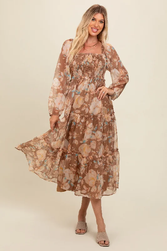 Mocha Floral Square Neck Smocked Midi Dress