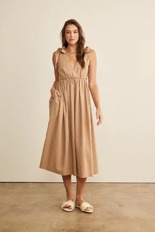 Mocha Linen Shoulder Tie Midi Dress