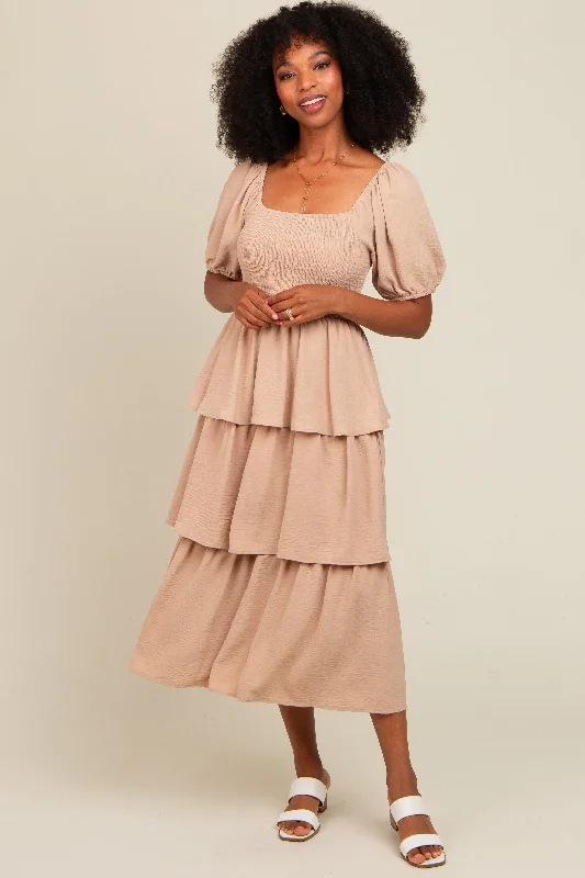 Mocha Smocked Body Ruffled Tiered Midi Dress