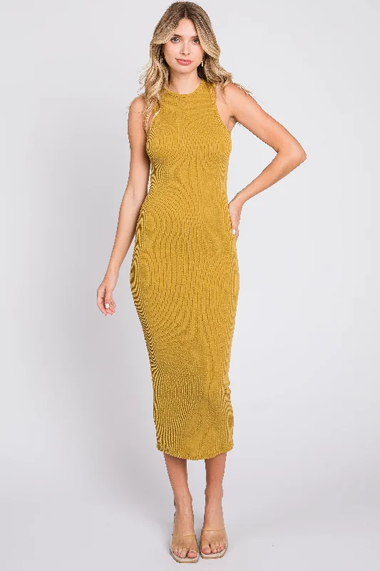 Mustard Ribbed Fitted Midi Dress