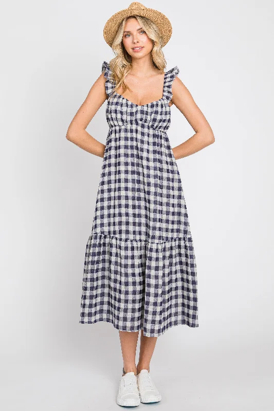 Navy Blue Checkered Linen Sweetheart Neck Ruffle Strap Midi Dress